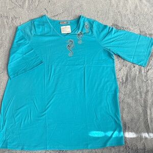 Quacker Factory Aqua V-Neck with Seahorse Embellishments
